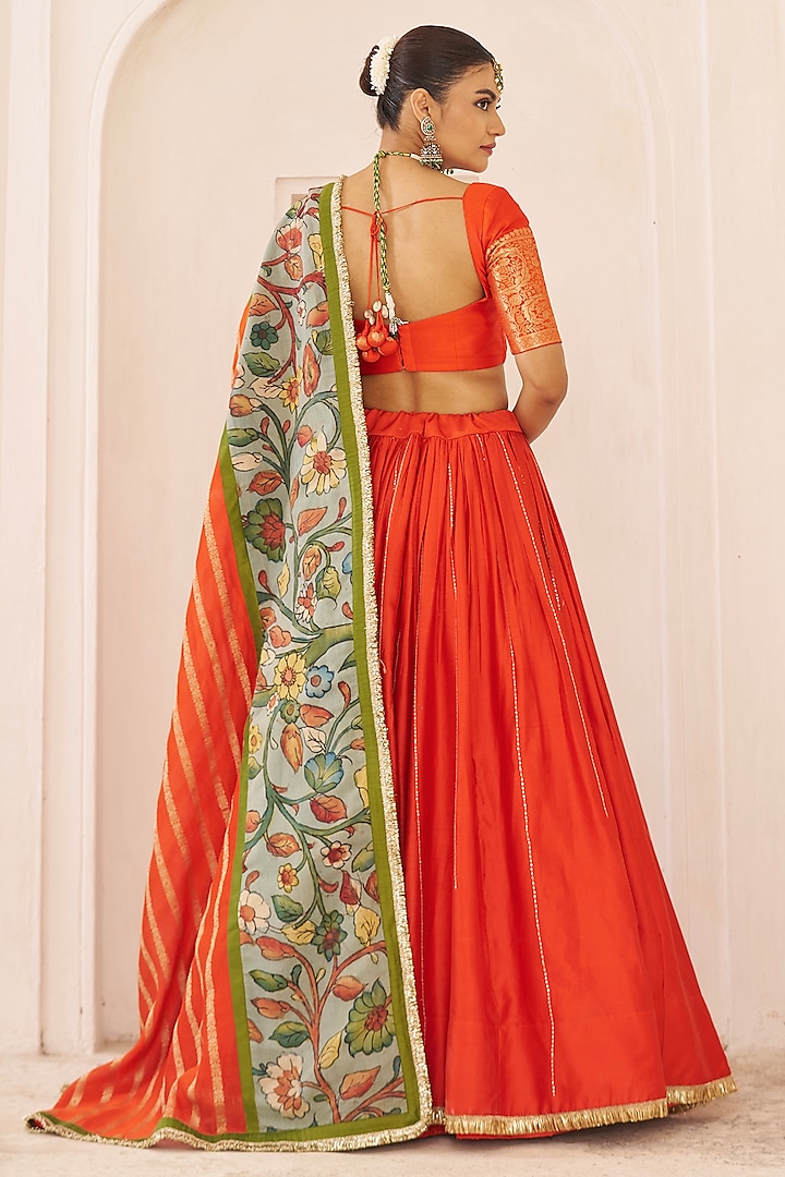 Orange Silk & Banarasi Chanderi Silk Stripes Embroidered Wedding Lehenga Set by AAMRA BY LAVANYA at Pernia's Pop Up Shop