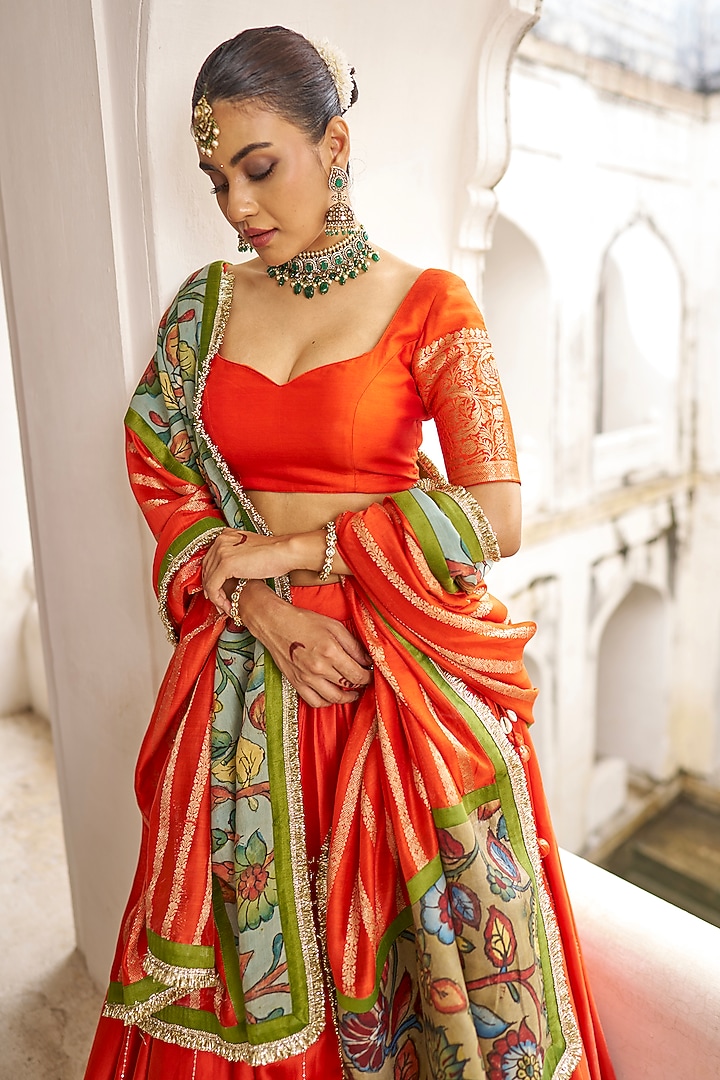 Orange Silk & Banarasi Chanderi Silk Stripes Embroidered Wedding Lehenga Set by AAMRA BY LAVANYA at Pernia's Pop Up Shop