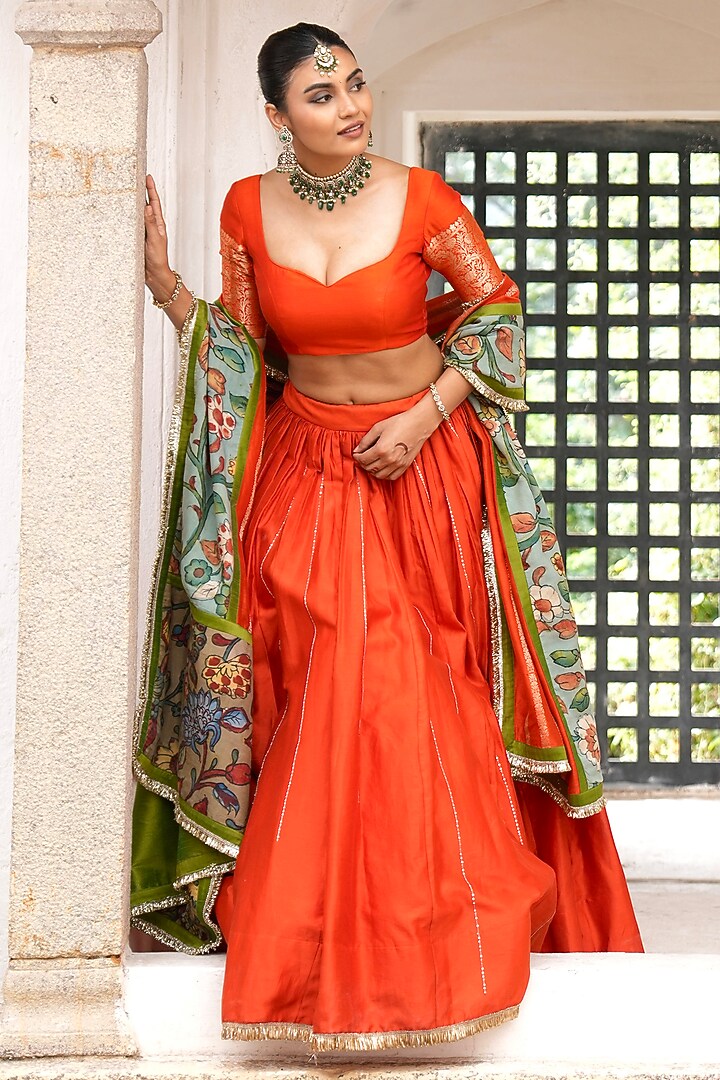 Orange Silk & Banarasi Chanderi Silk Stripes Embroidered Wedding Lehenga Set by AAMRA BY LAVANYA at Pernia's Pop Up Shop