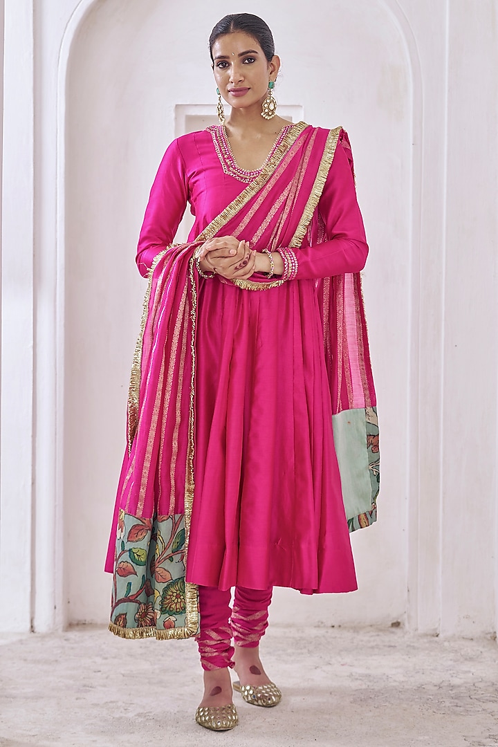 Hot Pink Silk & Chanderi Silk Hand Embroidered Wedding Anarkali Set by AAMRA BY LAVANYA at Pernia's Pop Up Shop