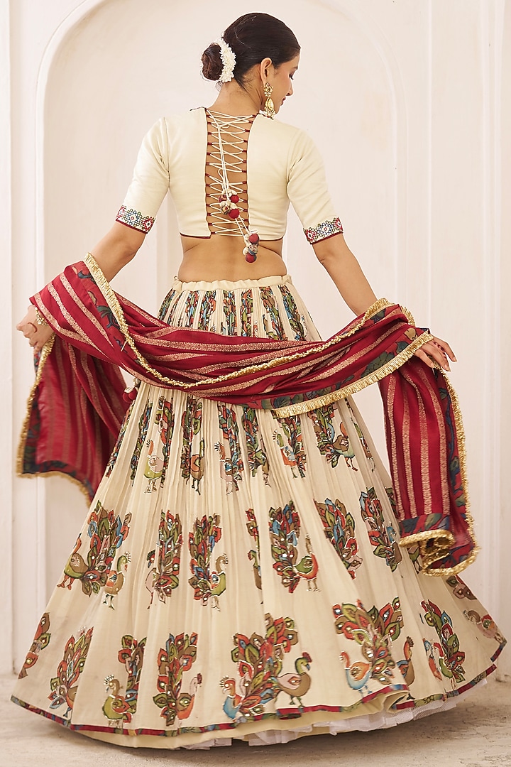 Orange Silk Kalamkari Hand Painted Wedding Lehenga Set by AAMRA BY LAVANYA at Pernia's Pop Up Shop