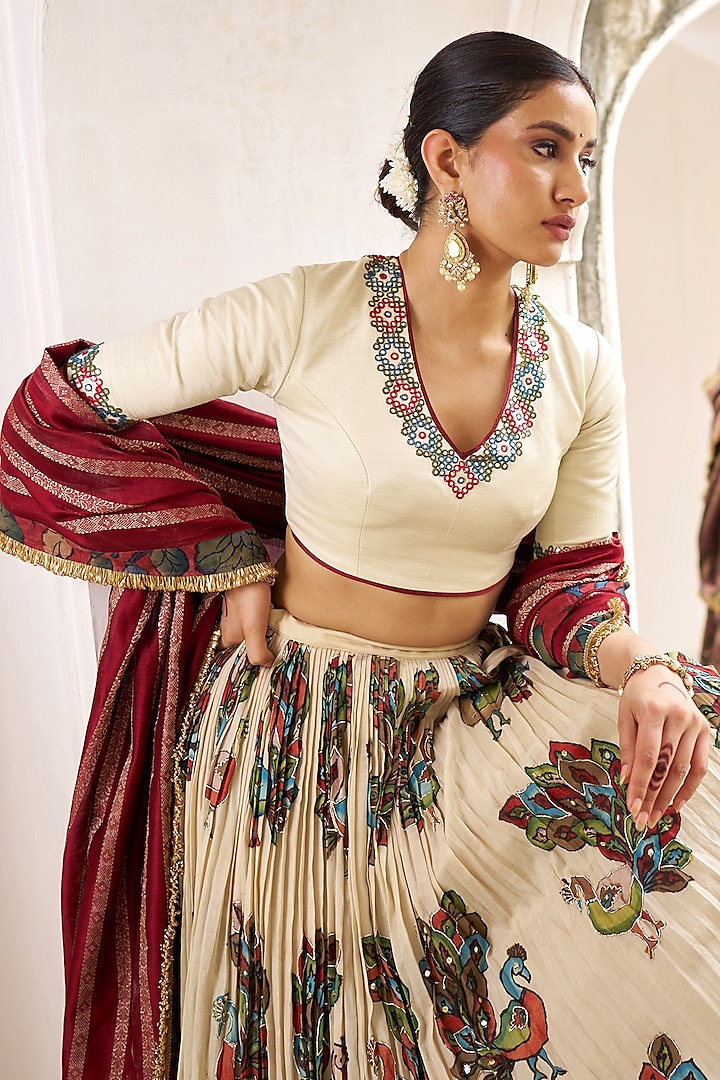 Orange Silk Kalamkari Hand Painted Wedding Lehenga Set by AAMRA BY LAVANYA at Pernia's Pop Up Shop