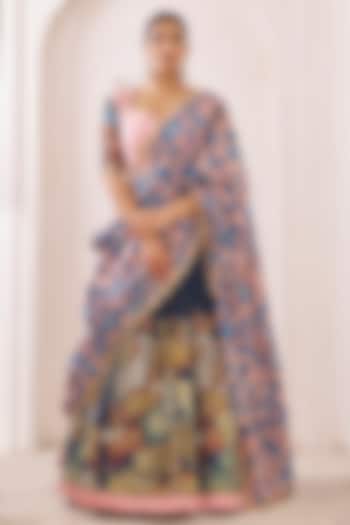 Blue Silk Kalamkari Hand Painted Wedding Lehenga Set by AAMRA BY LAVANYA at Pernia's Pop Up Shop
