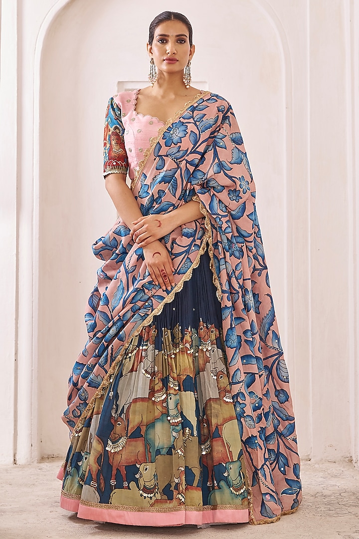 Blue Silk Kalamkari Hand Painted Wedding Lehenga Set by AAMRA BY LAVANYA at Pernia's Pop Up Shop