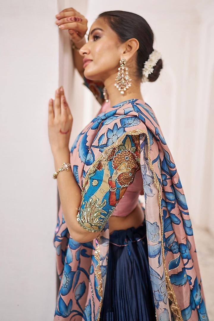 Blue Silk Kalamkari Hand Painted Wedding Lehenga Set by AAMRA BY LAVANYA at Pernia's Pop Up Shop