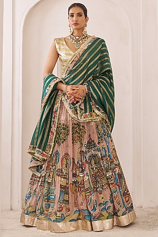 Multi-Colored Silk Kalamkari Hand Painted Lehenga Set by AAMRA BY LAVANYA