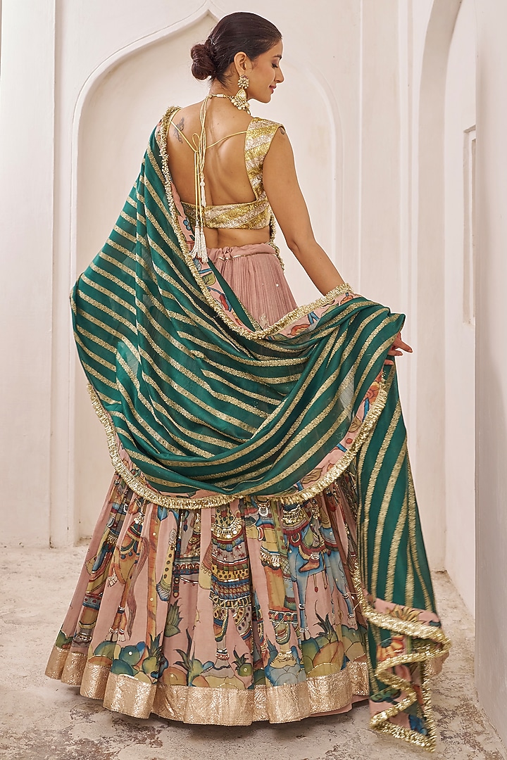 Multi-Colored Silk Kalamkari Hand Painted Wedding Lehenga Set by AAMRA BY LAVANYA at Pernia's Pop Up Shop