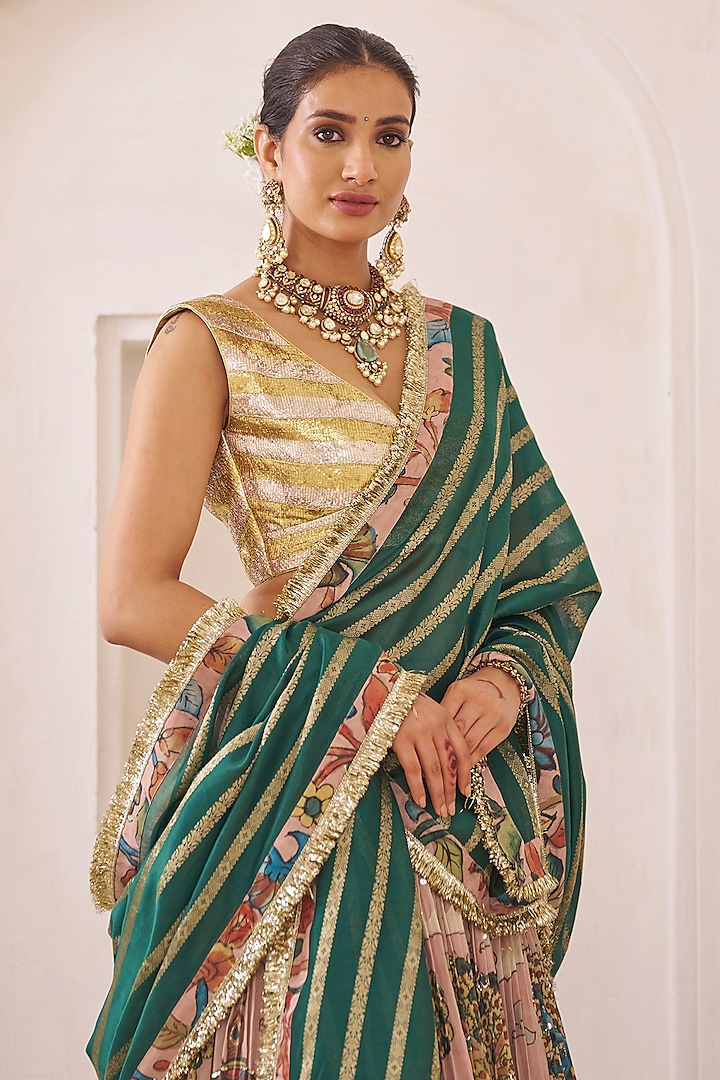 Multi-Colored Silk Kalamkari Hand Painted Wedding Lehenga Set by AAMRA BY LAVANYA at Pernia's Pop Up Shop