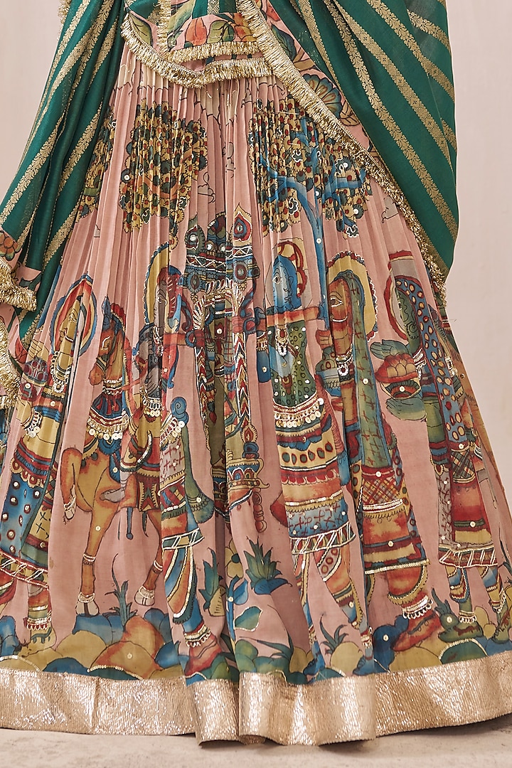 Multi-Colored Silk Kalamkari Hand Painted Wedding Lehenga Set by AAMRA BY LAVANYA at Pernia's Pop Up Shop