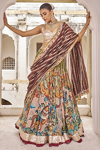 Multi-Colored Silk Kalamkari Hand Painted Lehenga Set by AAMRA BY LAVANYA