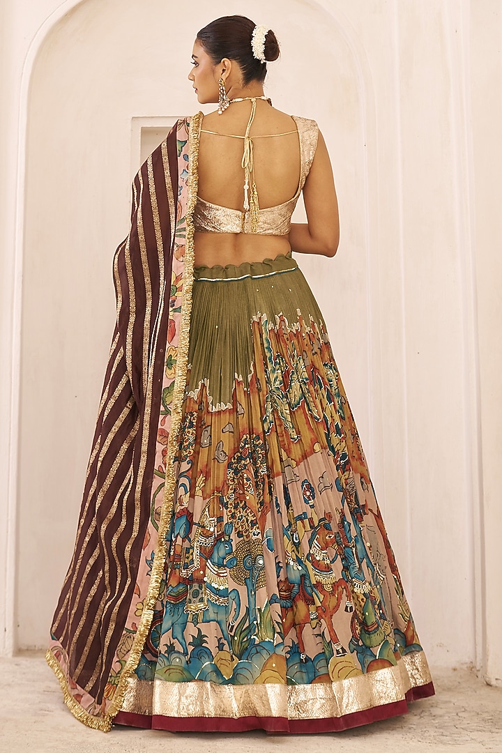 Multi-Colored Silk Kalamkari Hand Painted Wedding Lehenga Set by AAMRA BY LAVANYA at Pernia's Pop Up Shop
