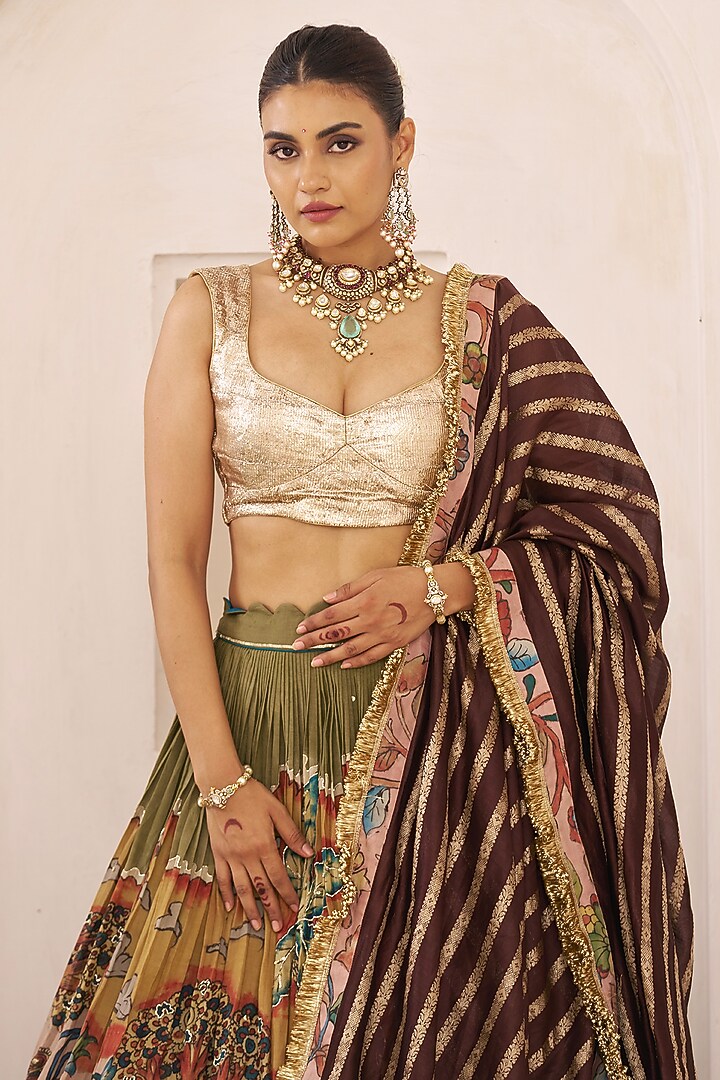Multi-Colored Silk Kalamkari Hand Painted Wedding Lehenga Set by AAMRA BY LAVANYA at Pernia's Pop Up Shop