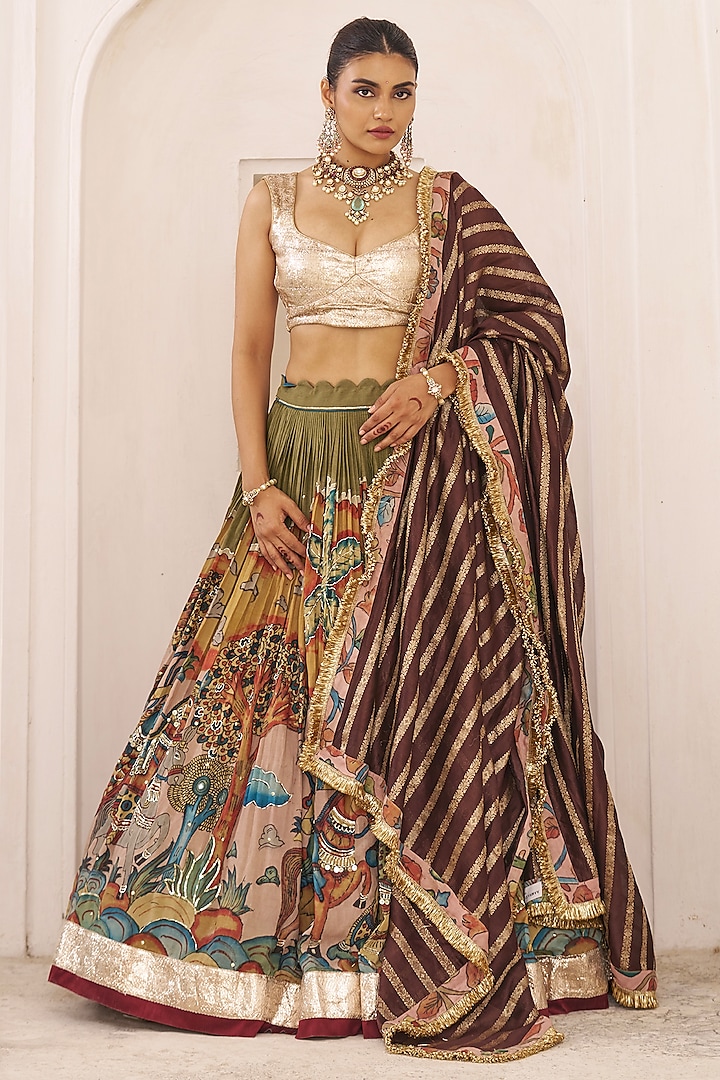 Multi-Colored Silk Kalamkari Hand Painted Wedding Lehenga Set by AAMRA BY LAVANYA at Pernia's Pop Up Shop