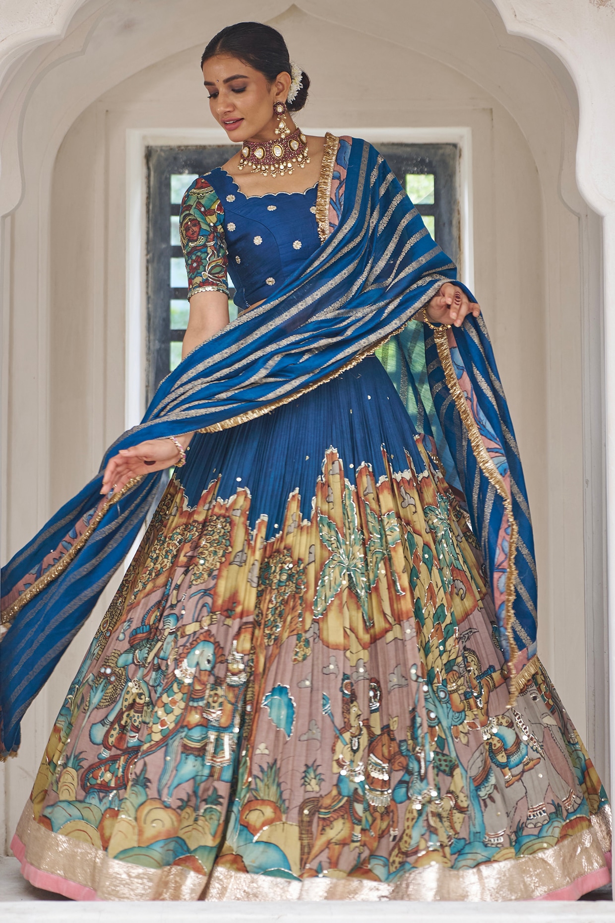 AAMRA BY LAVANYA Blue Silk Kalamkari Hand Painted Lehenga Set