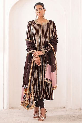 Brown Silk & Banarasi Chanderi Silk Cutdana Embroidered Anarkali Set by AAMRA BY LAVANYA