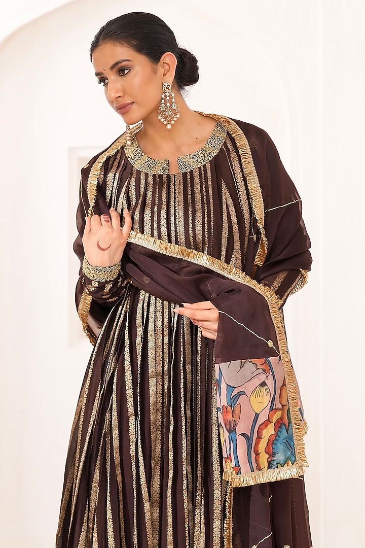 Brown Silk & Banarasi Chanderi Silk Cutdana Embroidered Wedding Anarkali Set by AAMRA BY LAVANYA at Pernia's Pop Up Shop