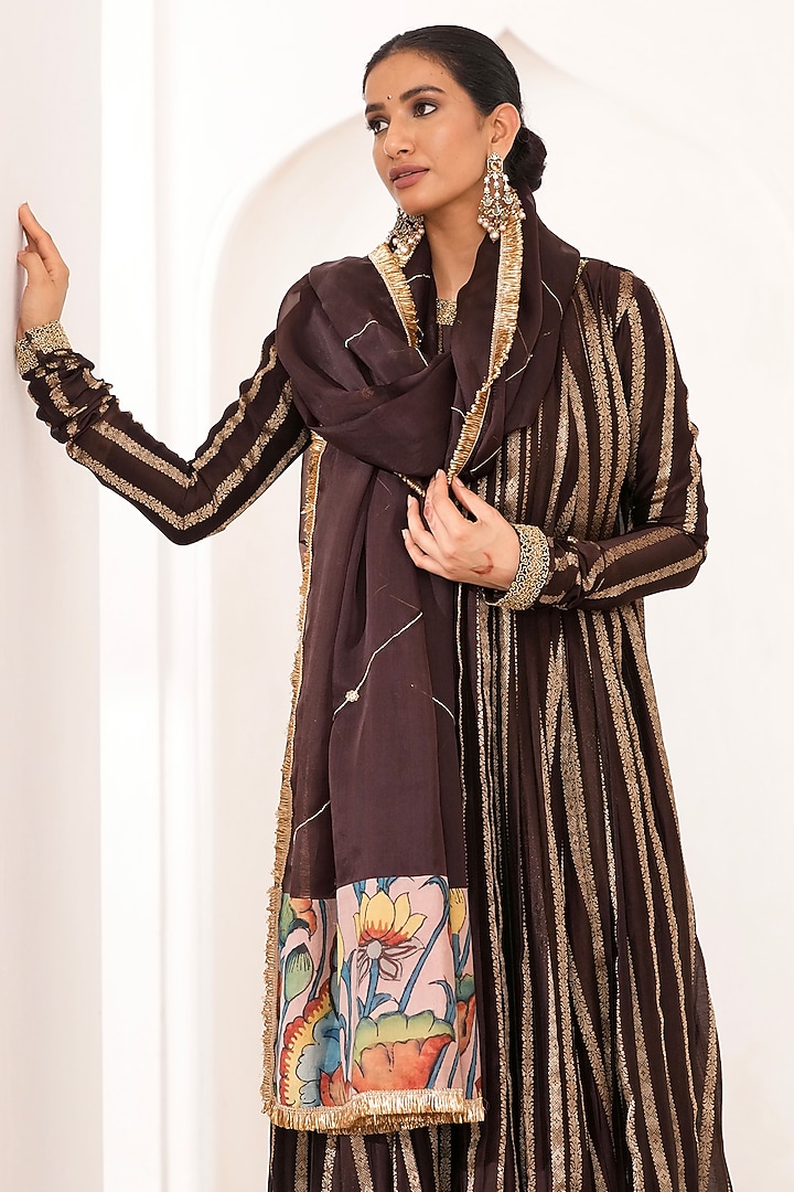 Brown Silk & Banarasi Chanderi Silk Cutdana Embroidered Wedding Anarkali Set by AAMRA BY LAVANYA at Pernia's Pop Up Shop