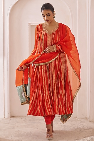 Orange Silk & Banarasi Chanderi Silk Cutdana Embroidered Anarkali Set by AAMRA BY LAVANYA