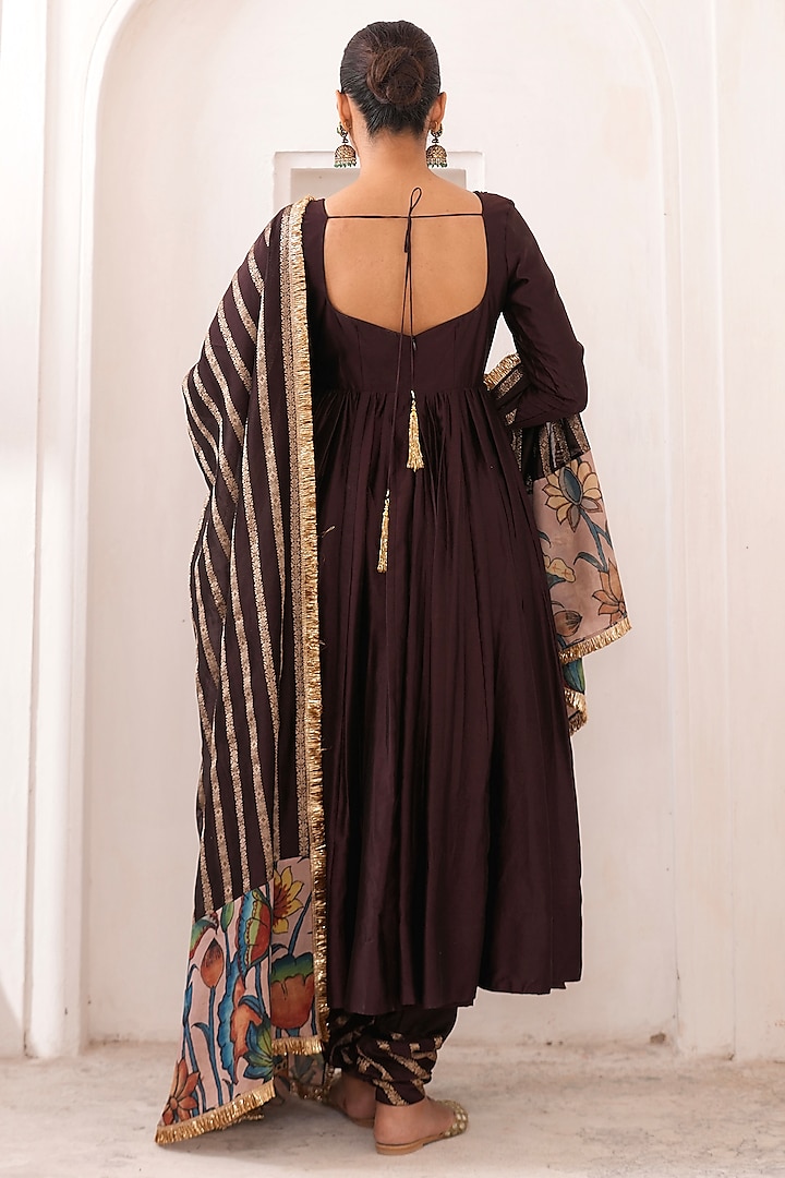Brown Silk & Banarasi Chanderi Silk Hand Embroidered Wedding Anarkali Set by AAMRA BY LAVANYA at Pernia's Pop Up Shop