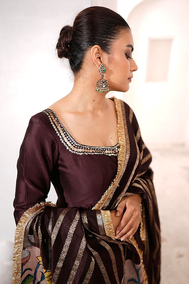 Brown Silk & Banarasi Chanderi Silk Hand Embroidered Wedding Anarkali Set by AAMRA BY LAVANYA at Pernia's Pop Up Shop