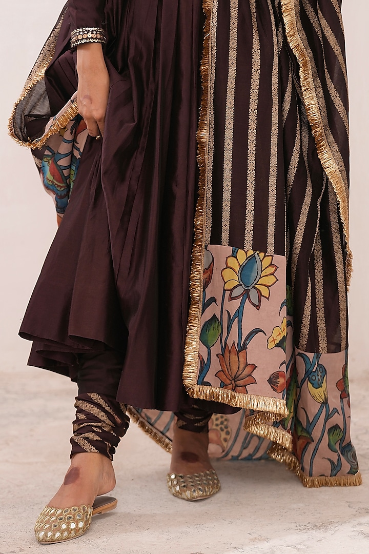 Brown Silk & Banarasi Chanderi Silk Hand Embroidered Wedding Anarkali Set by AAMRA BY LAVANYA at Pernia's Pop Up Shop