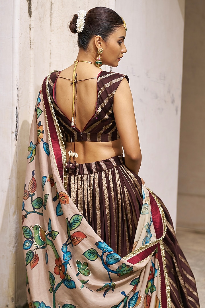 Brown Silk & Banarasi Chanderi Silk Striped Wedding Lehenga Set by AAMRA BY LAVANYA at Pernia's Pop Up Shop