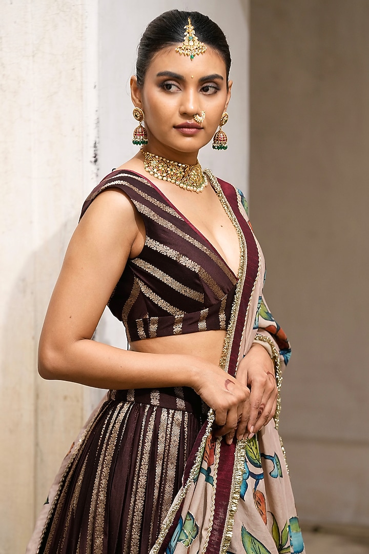 Brown Silk & Banarasi Chanderi Silk Striped Wedding Lehenga Set by AAMRA BY LAVANYA at Pernia's Pop Up Shop