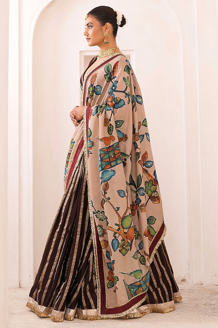 Brown Silk & Banarasi Chanderi Silk Striped Wedding Lehenga Set by AAMRA BY LAVANYA at Pernia's Pop Up Shop