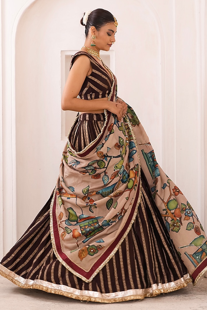Brown Silk & Banarasi Chanderi Silk Striped Wedding Lehenga Set by AAMRA BY LAVANYA at Pernia's Pop Up Shop