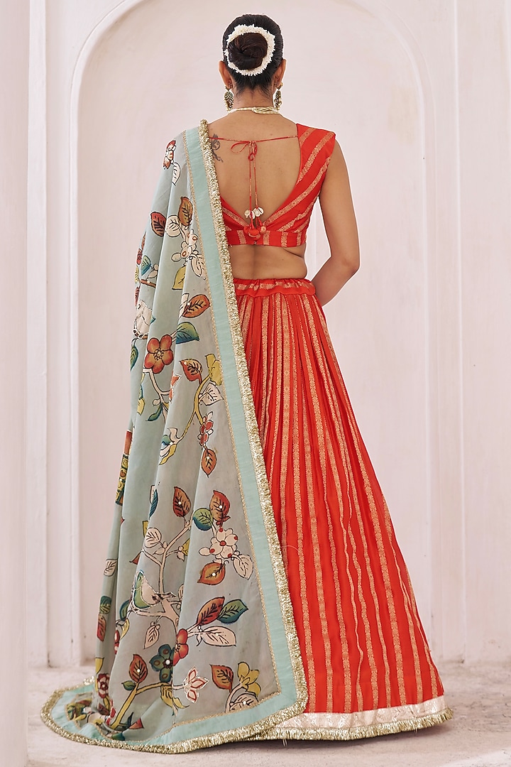 Orange Silk & Banarasi Chanderi Silk Striped Wedding Lehenga Set by AAMRA BY LAVANYA at Pernia's Pop Up Shop