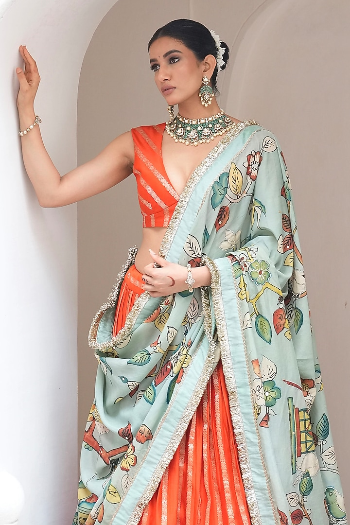 Orange Silk & Banarasi Chanderi Silk Striped Wedding Lehenga Set by AAMRA BY LAVANYA at Pernia's Pop Up Shop