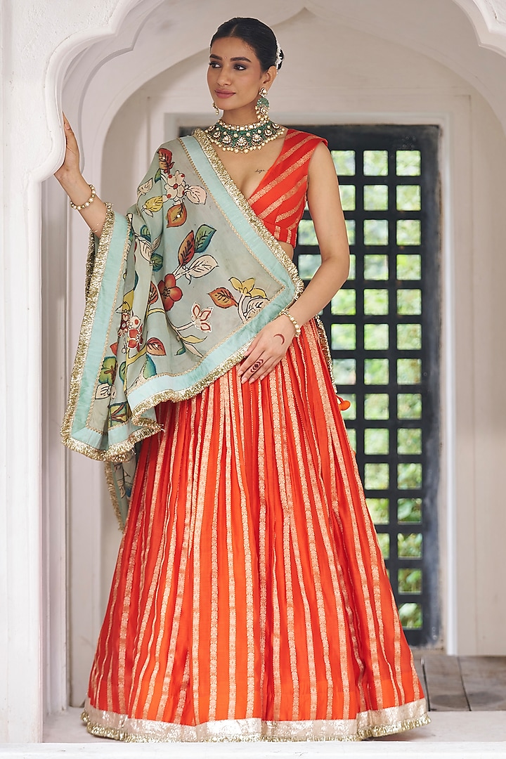 Orange Silk & Banarasi Chanderi Silk Striped Wedding Lehenga Set by AAMRA BY LAVANYA at Pernia's Pop Up Shop
