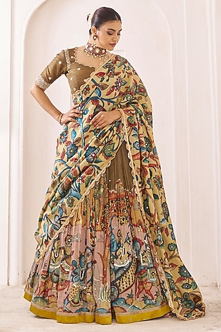 Olive-Brown Silk Kalamkari Handpainted Lehenga Set by AAMRA BY LAVANYA