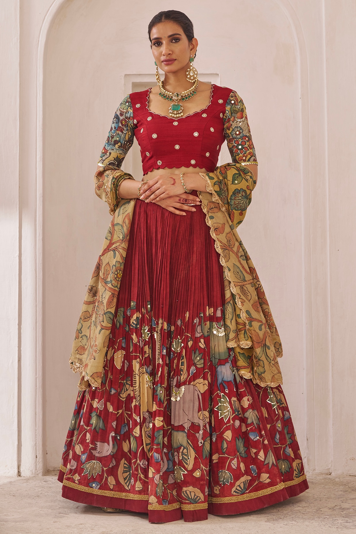 AAMRA BY LAVANYA Maroon Silk Kalamkari Handpainted & Hand Embroidered Lehenga Set