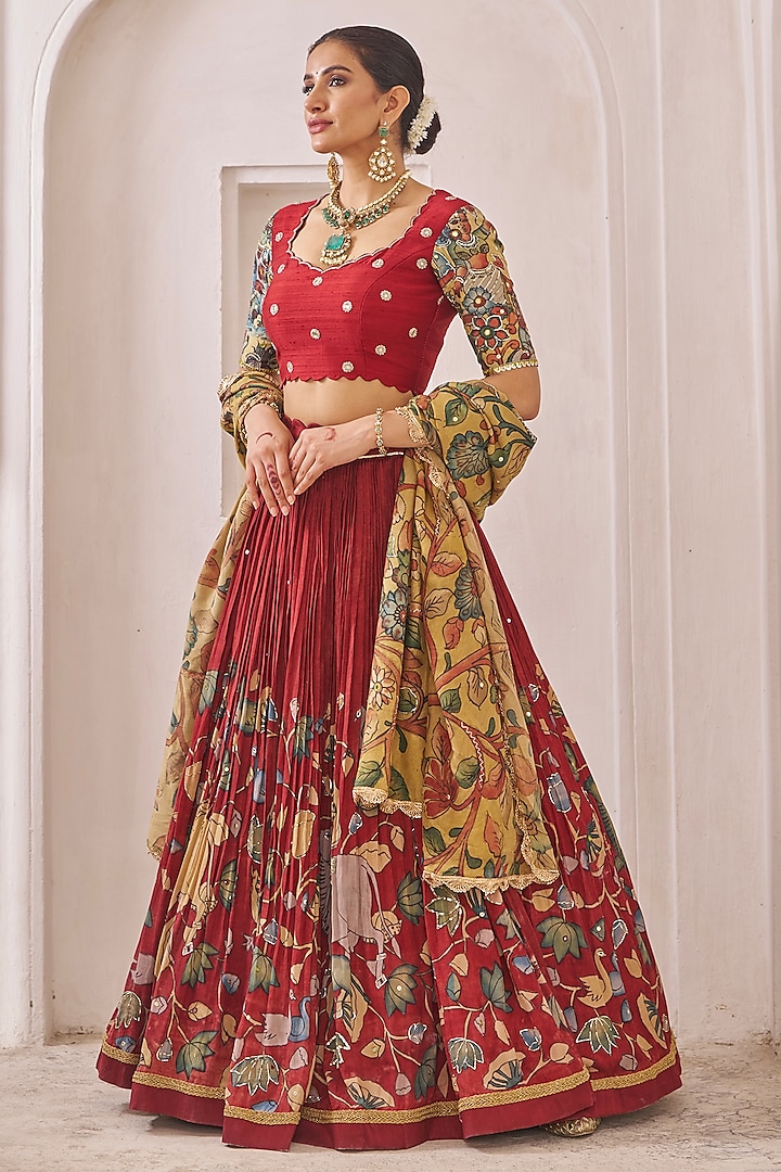 Maroon Silk Kalamkari Handpainted & Hand Embroidered Wedding Lehenga Set by AAMRA BY LAVANYA at Pernia's Pop Up Shop