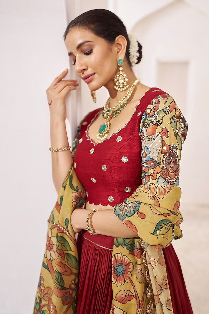 Maroon Silk Kalamkari Handpainted & Hand Embroidered Wedding Lehenga Set by AAMRA BY LAVANYA at Pernia's Pop Up Shop