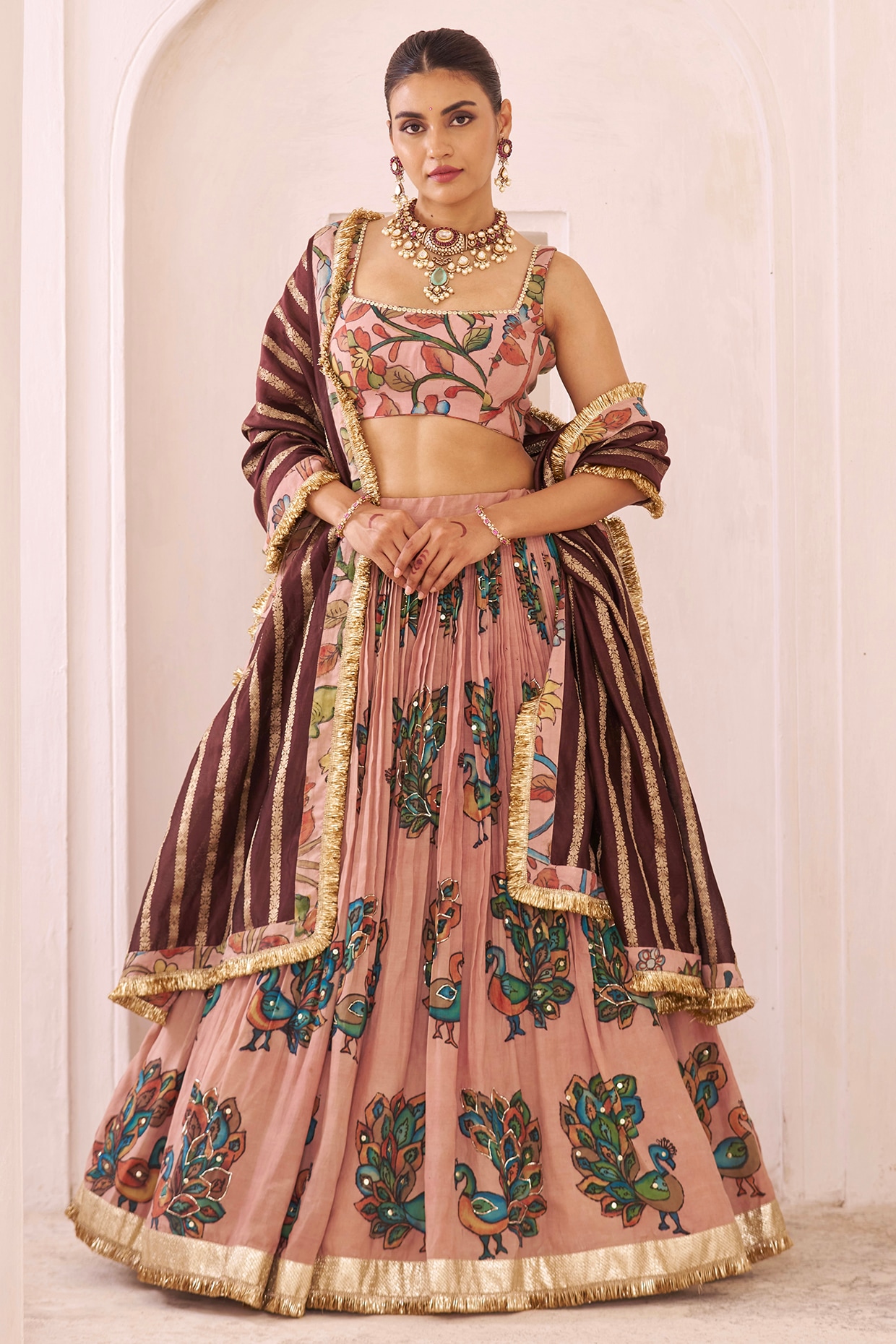 AAMRA BY LAVANYA Sandrose-Pink Silk Kalamkari Handpainted & Hand Embroidered Lehenga Set