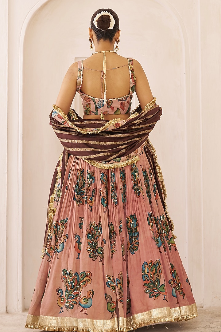 Sandrose-Pink Silk Kalamkari Handpainted & Hand Embroidered Wedding Lehenga Set by AAMRA BY LAVANYA at Pernia's Pop Up Shop
