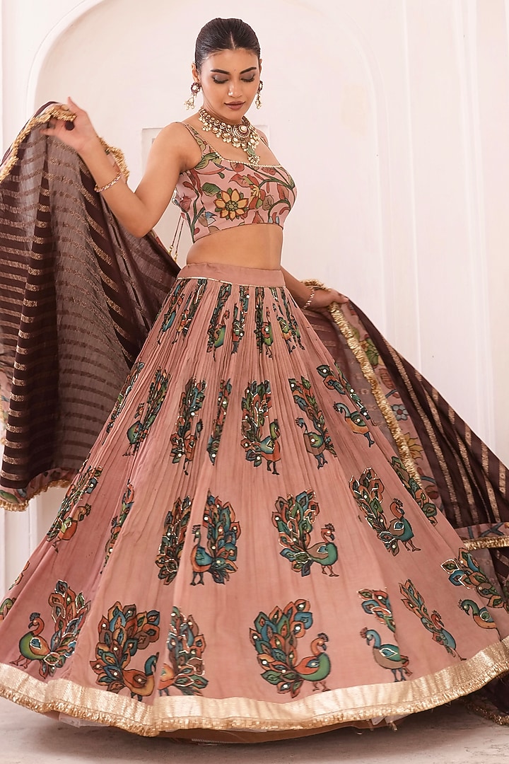 Sandrose-Pink Silk Kalamkari Handpainted & Hand Embroidered Wedding Lehenga Set by AAMRA BY LAVANYA at Pernia's Pop Up Shop