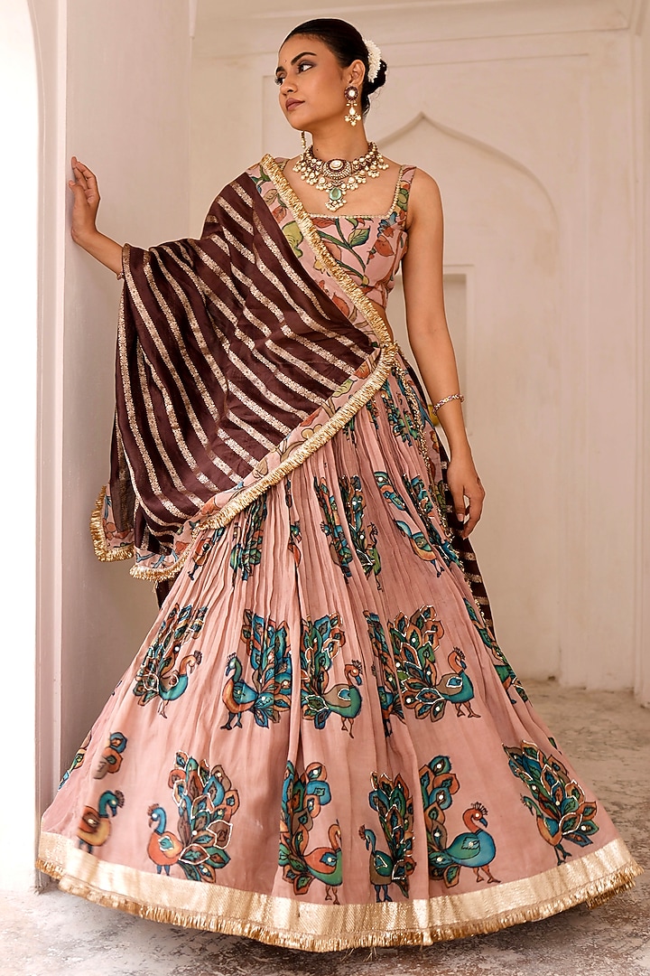 Sandrose-Pink Silk Kalamkari Handpainted & Hand Embroidered Wedding Lehenga Set by AAMRA BY LAVANYA at Pernia's Pop Up Shop