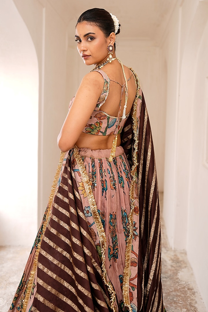 Sandrose-Pink Silk Kalamkari Handpainted & Hand Embroidered Wedding Lehenga Set by AAMRA BY LAVANYA at Pernia's Pop Up Shop