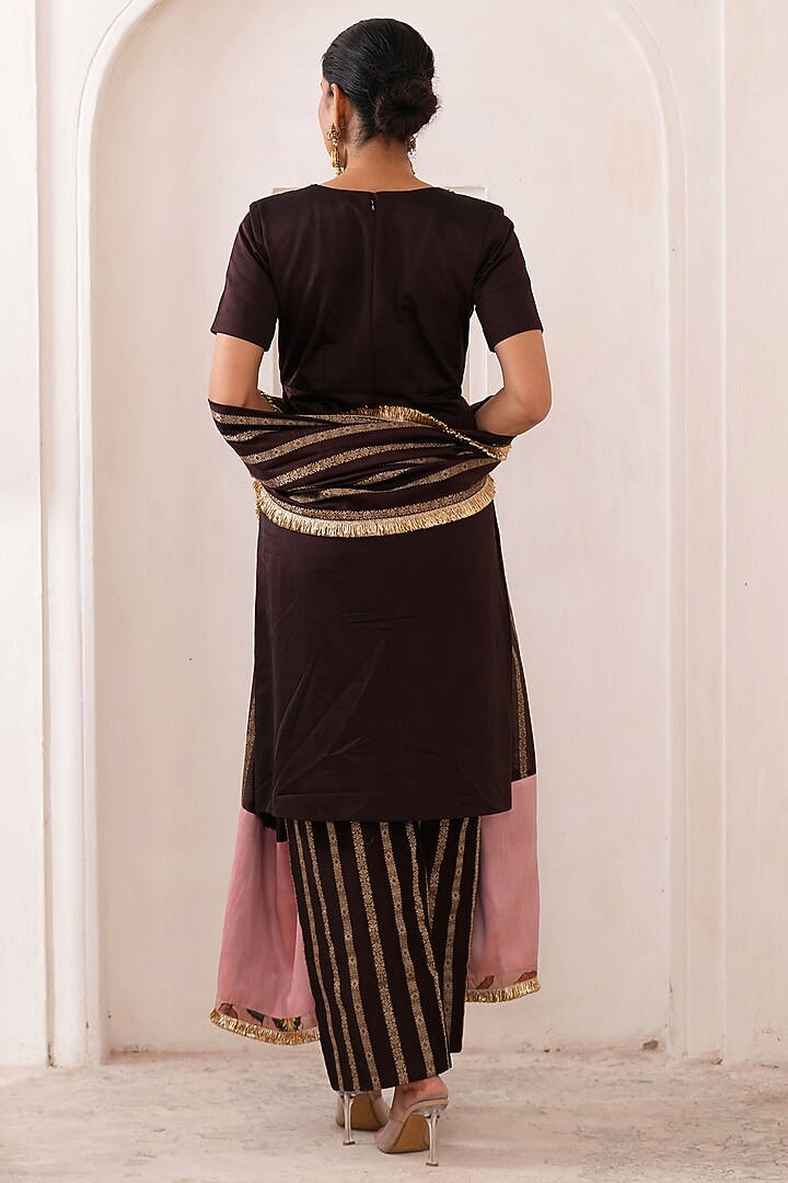 Brown Silk & Banarasi Chanderi Silk Embroidered Kurta Set by AAMRA BY LAVANYA at Pernia's Pop Up Shop