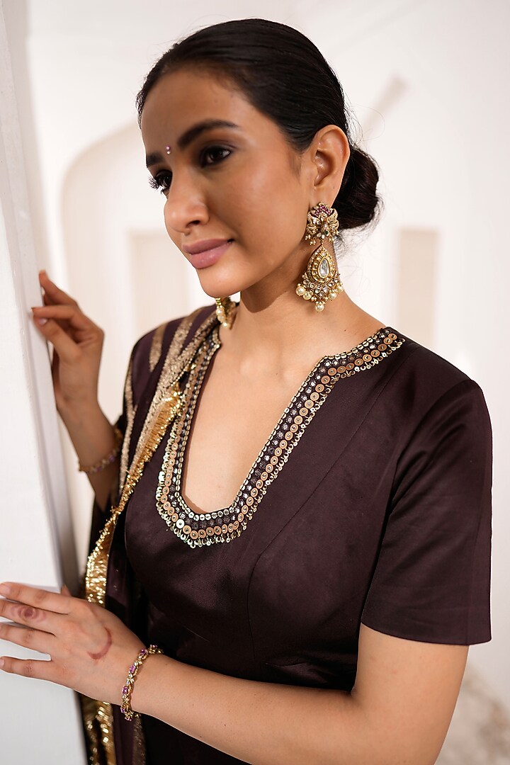 Brown Silk & Banarasi Chanderi Silk Embroidered Kurta Set by AAMRA BY LAVANYA at Pernia's Pop Up Shop