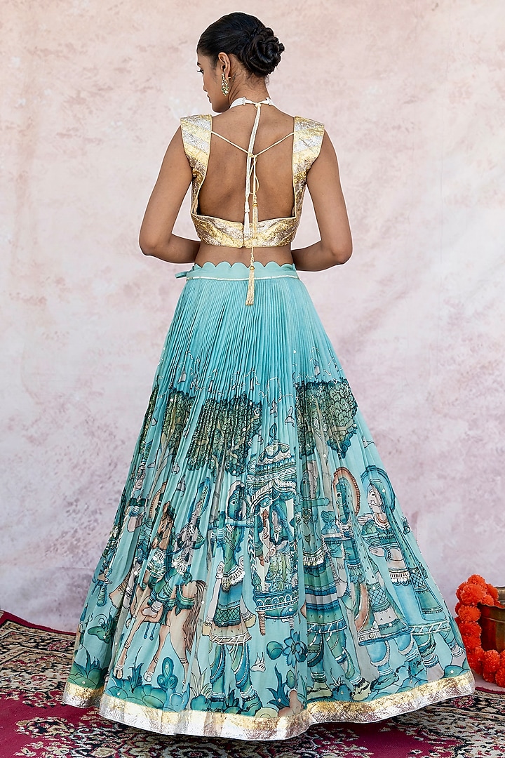 Ice Blue Silk & Banarasi Chanderi Silk Kalamkari Handpainted Wedding Lehenga Set by AAMRA BY LAVANYA at Pernia's Pop Up Shop