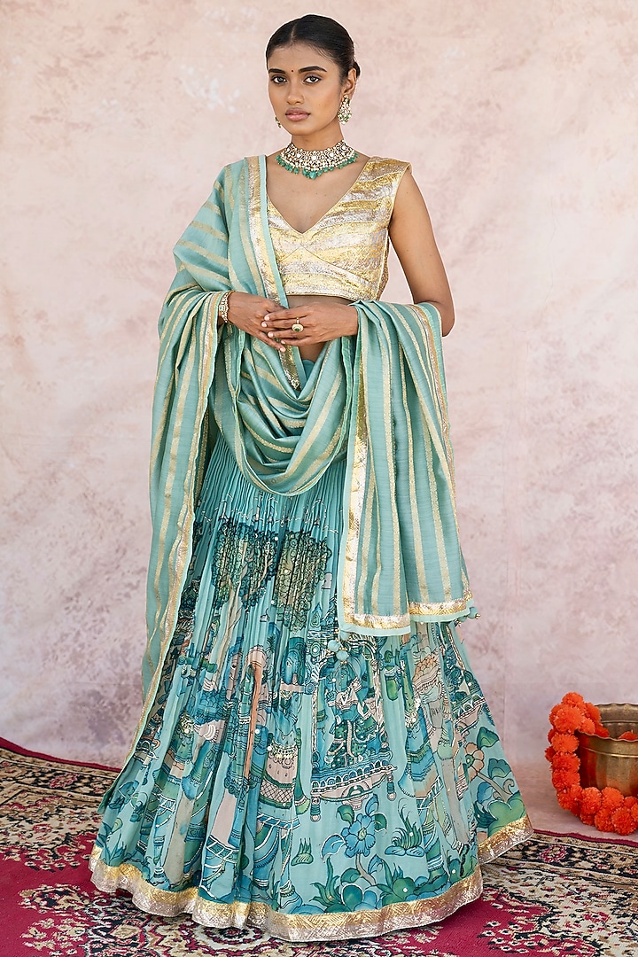 Ice Blue Silk & Banarasi Chanderi Silk Kalamkari Handpainted Wedding Lehenga Set by AAMRA BY LAVANYA at Pernia's Pop Up Shop