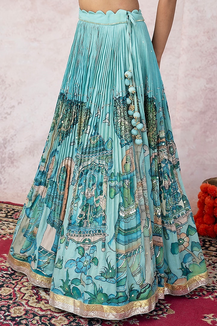 Ice Blue Silk & Banarasi Chanderi Silk Kalamkari Handpainted Wedding Lehenga Set by AAMRA BY LAVANYA at Pernia's Pop Up Shop