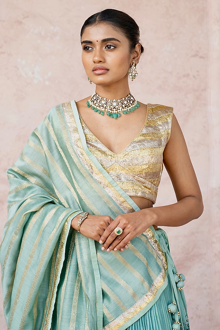 Ice Blue Silk & Banarasi Chanderi Silk Kalamkari Handpainted Wedding Lehenga Set by AAMRA BY LAVANYA at Pernia's Pop Up Shop