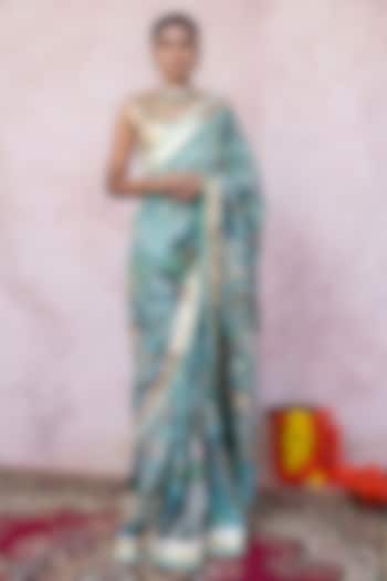 Ice Blue Silk Kalamkari Mirror Work Wedding Saree Set by AAMRA BY LAVANYA at Pernia's Pop Up Shop