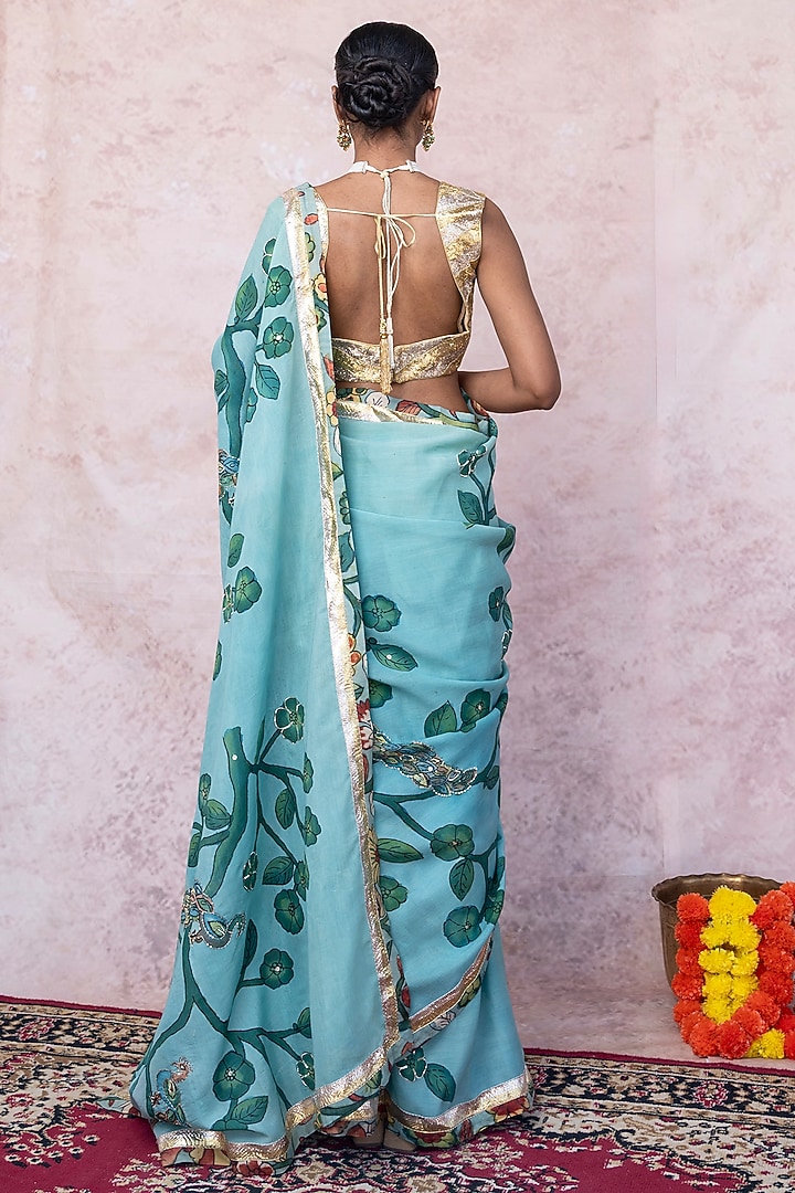 Ice Blue Silk Kalamkari Mirror Work Wedding Saree Set by AAMRA BY LAVANYA at Pernia's Pop Up Shop