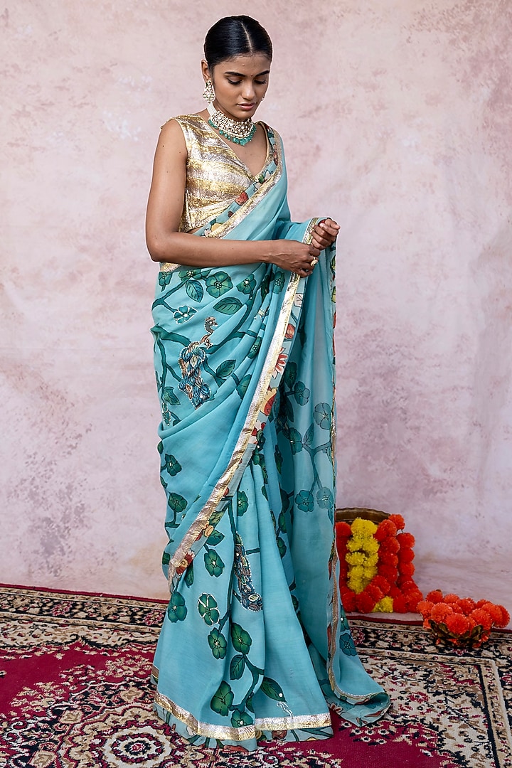 Ice Blue Silk Kalamkari Mirror Work Wedding Saree Set by AAMRA BY LAVANYA at Pernia's Pop Up Shop